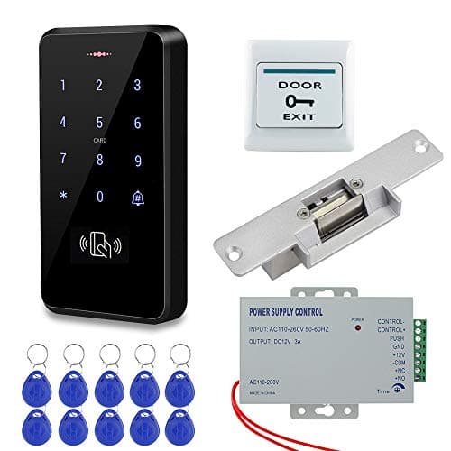 Image of HFeng RFID Access Control System Kit Outdoor IP68 Waterproof Access Control Keypad + NC Fail Safe Electric Strike Locks + DC12V Power Supply + 10pcs 125KHz EM4100 Keyfobs Cards
