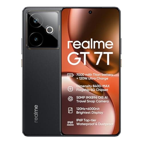 Image of realme GT 7T 5G Smartphone 12+256GB, IceSense Black, 6.8 inch Screen, 120Hz Display, 120W Ultra Charge, 7000mAh Battery, 58MP AI Camera, MediaTek Dimensity 8400 Chipset, IP68