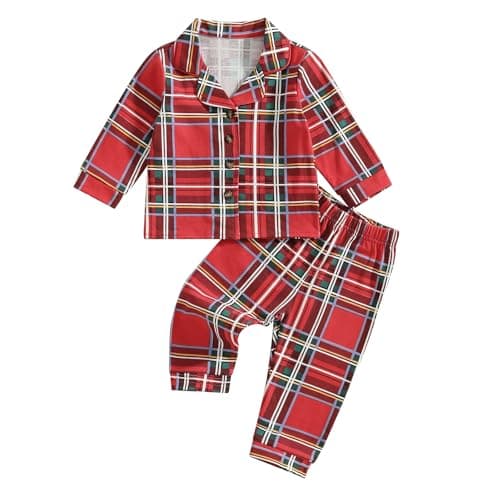 Image of BeliBacca 1-7Y kids Fall Winter Cotton Pajamas Set Plaid Print Lapel Neck Long Sleeve Button Shirt Lounge Pants Set 2pcs baby boy girl Christmas Pjs Sleepwear (Green, 3-4 Years)