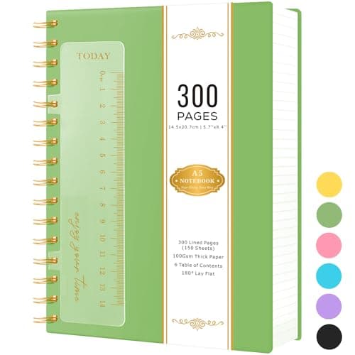 Image of NIRMIRO A5 Notebook Hardback, 300 Pages/ 150 Sheets Wirebound Spiral Notepad Note Book for Women/Men Writing, 100GSM Lined Paper, No Bleed, Green PVC Cover, 14.5 x 20.7cm