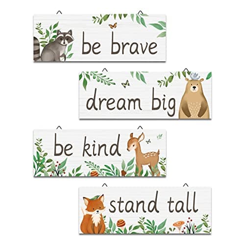 Image of decalmile 4 Pieces Woodland Animal Wooden Hanging Signs Forest Bear Wood Wall Decor Baby Nursery Kids Bedroom Daycare Wall Art Decor