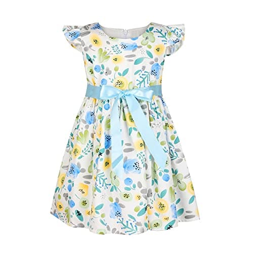 Image of SMILING PINKER Toddler Baby Girls Dress Ruffle Sleeve Cotton Flower Print Sundress (Blue Flower,6-7 Years)