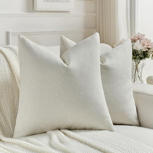 Image of FUTEI Set of 2 Soft Chenille 55x55 cm Cushion Covers Textured Natural Faux Linen Scatter Pillow Covers 55 x 55 cm Farmhouse Accent for Sofa Bedroom Living Room, Cream