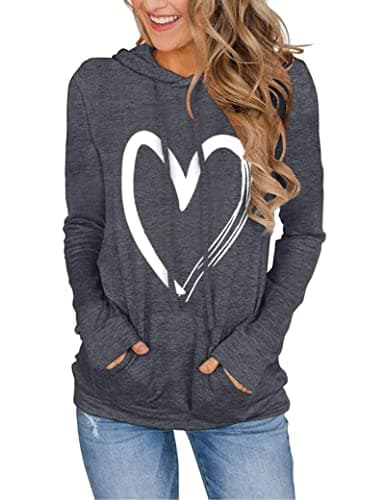 Image of Women's Hoodies Pullover Cute Heart Sweatshirts Long Sleeve Tops with Pockets, Grey, Large
