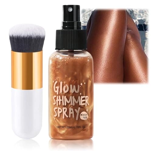 Image of Bronze Gold Body Shimmer Oil Spray, Non-Sticky, Waterproof Formula. Lightweight, Face & Body Glow Illuminator. Includes Makeup Brush for Luminous Highlighter & Radiant Look