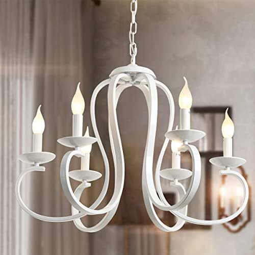 Image of Ganeed French Country Chandelier Candle Style Chandeliers Vintage Metal Pendant Chandelier Ceiling Pendant Lighting Fixture for Dinner Table Island Kitchen Living Room White 6 Lights