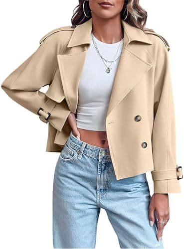 Image of Women's Double Breasted Short Duster Trench Coat Long Sleeve Double Notched Lapel Trendy Casual Loose Fit Jacket with Pockets (Khaki,M)