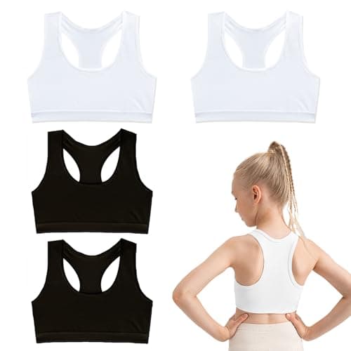 Image of UILYNIU 4 Pcs Girls Sports Bra Cotton, Sports Bra, Kids Underwear, Crop Tops Non Padded, Camisole Style, Seamless Training Bra, Soft and Comfortable Cotton Bra for Girl 9-14 Years Old (Black, White)