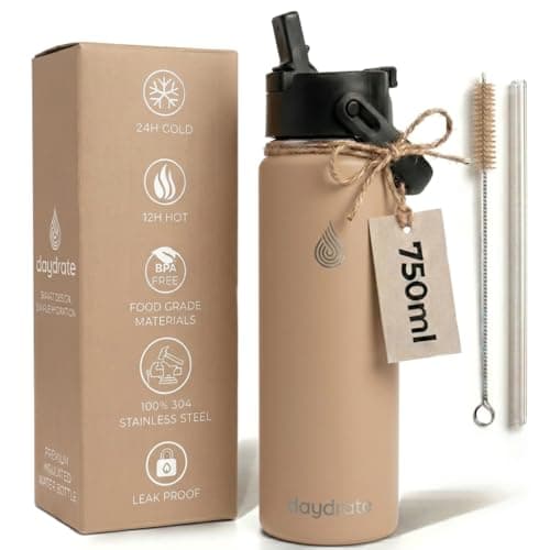 Image of Insulated Metal Water Bottle with Straw 750ml- Stainless Steel Water Bottle, BPA Free, Lid Straw & Spout, Leakproof, 24 Hours Cold & Hot, Work, Travel, Gym Bottle for Men & Women - Sandstone -Daydrate