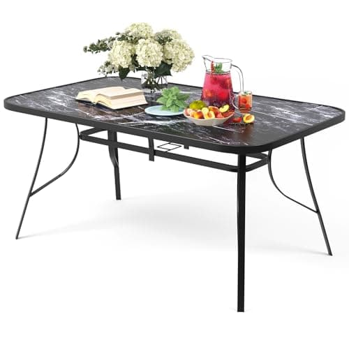 Image of The Fellie Garden Table 150x90cm Patio Table with Parasol Hole Marble Grain Tempered Glass Top Rectangular Outdoor Dining Tables Round Bistro Tables