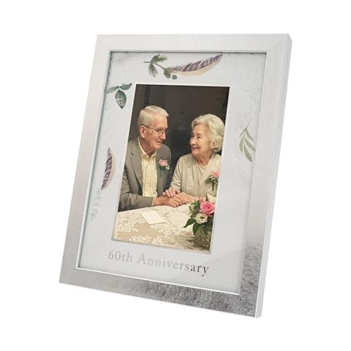 Image of Happy Homewares Modern 60th Diamond Anniversary 4x6 Picture Frame in Brushed Silver with Floral Decor | Silver Foil Print | For Table or Wall Hanging