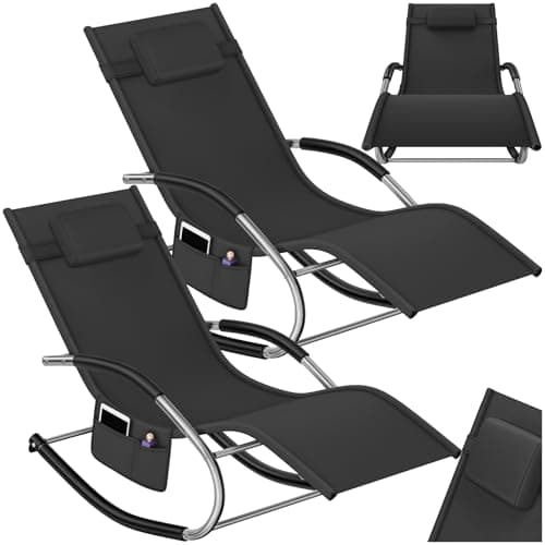 Image of tectake® Set of 2 Sun Loungers with Ergonomic Shape & Rocking Function, Deck Chairs with Breathable Fabric, Head Cushion, Stable Steel Frame & Side Pocket, Ideal as Patio, Pool & Garden Chairs - Black