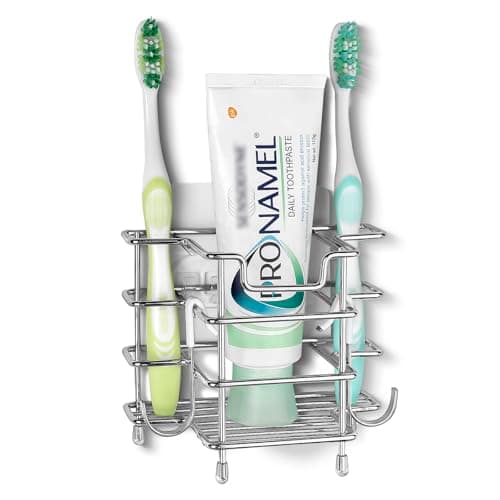 Image of Linkidea Self Adhesive Toothbrush Holder for Shower, Stainless Steel Toothpaste Organizer, 3 Slots Wall Mount/Countertop Stand Compatible with Colgate Extra Clean, Oral-B CrossAction