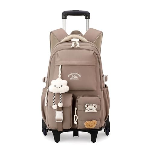 Image of NIWEIYA Girls Boys Rolling Backpack with Wheels, Kids Wheeled Backpack for School, Girls Roller School Bag Trolley Bookbag, 6 Wheels Khaki, 11.81 x 7.09 x 18.11 inches