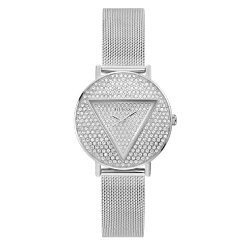 Image of GUESS US Women's Silver-Tone Logo Analog Watch, Silver Tone, Modern