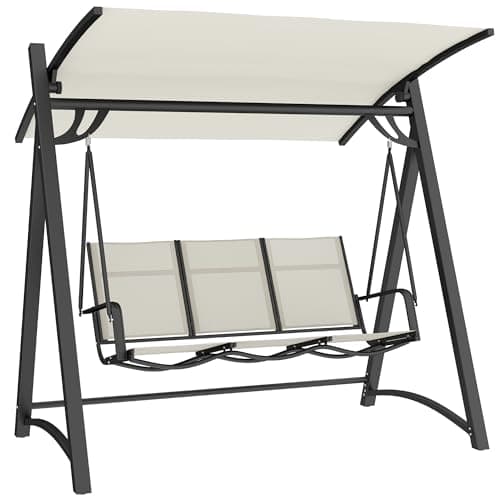 Image of Outsunny 3 Seater Swing Chair, Garden Swing Bench with Adjustable Tilting Canopy, Breathable Mesh Seat and Heavy-Duty Metal Frame for Porch and Patio, 360 kg Capacity, Cream White