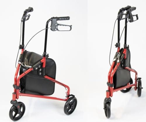 Image of NRS Healthcare 3 Wheel Steel Rollator Walker Walking Aid with Bag, & Lockable Brakes, Folding & Height Adjustable – Red