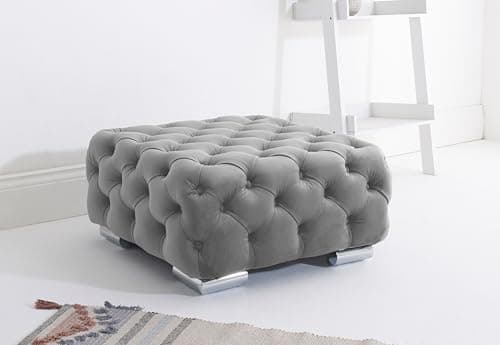Image of Sofahub Milton Plush Velvet Living Room Sofa Set - Button Tufted Design, Foam Seats & Chrome Feet | 2 Seater, 3 Seater, 3+2 & Corner Sofa Options - Fullback Sofa (Silver, Footstool)