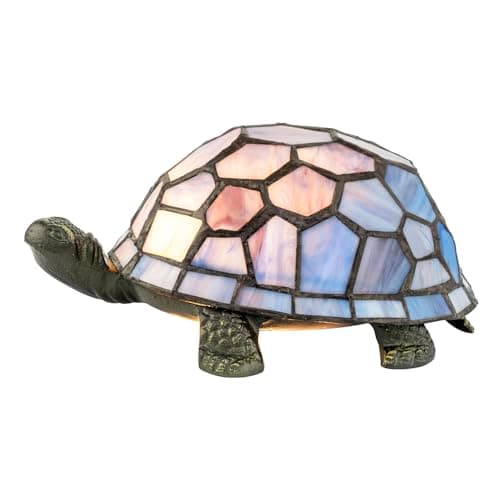 Image of Happy Homewares Quirky Purple and Blue Toned Stained Glass Tiffany Tortoise Table Lamp | Antique Bronze Metal Body | 19cm x 14cm x 10cm
