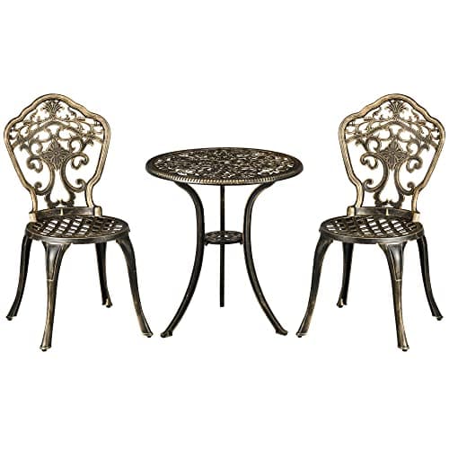 Image of Outsunny 3 Piece Cast Aluminium Garden Bistro Set for 2 with Parasol Hole, Outdoor Coffee Table Set, Two Armless Chairs and Round Coffee Table for Balcony, Patio, Bronze