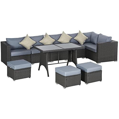 Image of Outsunny 10 Pieces Outdoor PE Rattan Sofa Set with 10cm Thick Cushions, Garden Sectional Corner Sofa Set with Glass Top Dining Table and Three Footstools, Grey