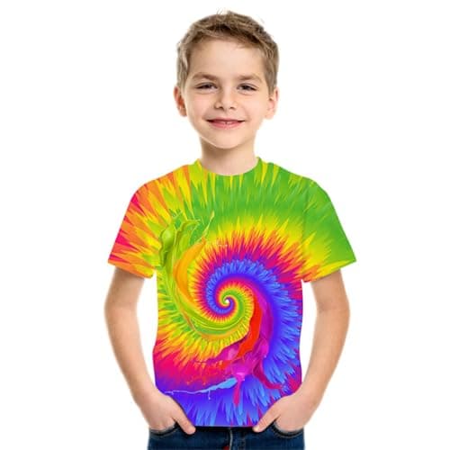 Image of Kids 3D Rainbow Swirl Printed T-Shirt Boys Summer Casual Short Sleeve Top Round Neck Basic Blouse Boys and Girls Stretch T-Shirt Comfortable and Lightweight Tee Children's Versatile Tops (B, L)