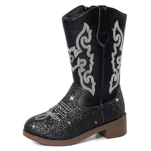 Image of MK MATT KEELY Kids Cowgirl Cowboy Boots Girls Glitter Festival Knee High Boots Mid Calf Western Riding Boots,Black,2.5 UK