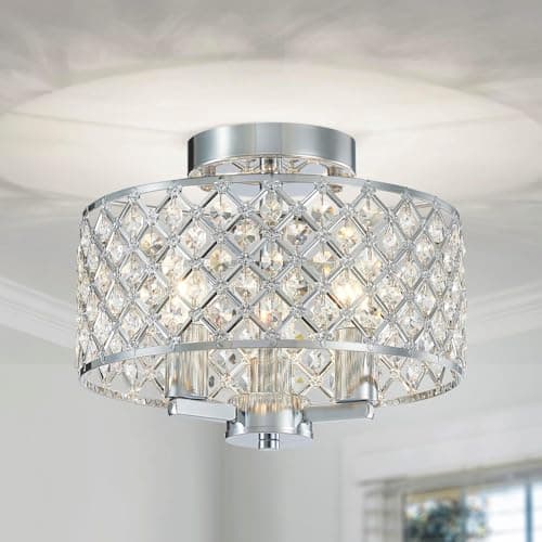 Image of Saint Mossi Silver Crystal Ceiling Light, Close to Ceiling, Modern Semi Flush Mount Chandelier, 3-Lights, D11 x H9, Perfect for Living Room, Chrome Finish Canopy