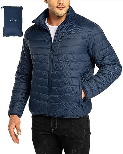 Image of 33,000ft Mens Winter Lightweight Jacket Warm Short Packable Puffer Jacket Transitional Padded Jacket Quilted Jacket for Men Lined for Hiking Travelling Navy Blue L