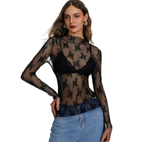 Image of flintronic Women's Mesh Top, Sexy Long Sleeve Sheer Mesh Top, Slim Fit Crew Neck Blouse, Black See-Through T-Shirt for Party Clubwear