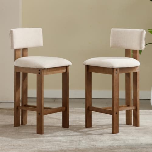 Image of chairus Retro Wood Bar Stools Set of 2 Linen Padded Kitchen Counter Chairs with Backrest, Upholstered Breakfast Bar Stools for Pub/Home Kitchen, Beige