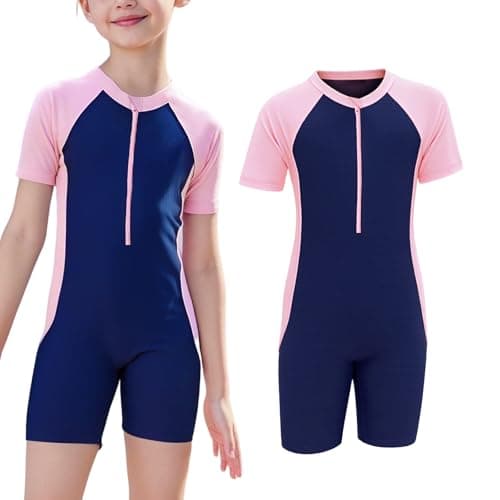 Image of viiotu Kids Swimming Costume for Girls Boys, One Piece Short Sleeve Swim Suit Kid, UPF 50+ Sun Protection Kids Swimwear Bathing Suits Zipper 3-13Y (UK, Age, 11 Years, 13 Years, Regular, Pink)