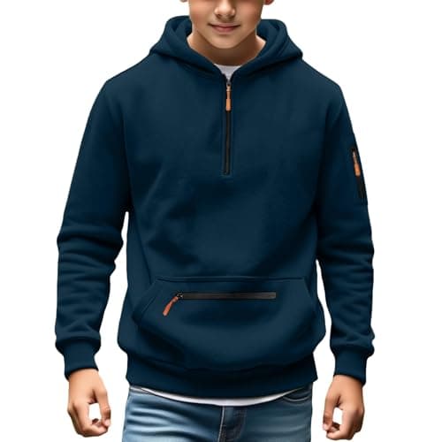 Image of Hoodie for Teenage Boys Fashion Quarter-Zip Hooded Pullover Casual lightweight Sweatshirts Loose Fit Athletic Pullovers Plain Long Sleeve Tops with Pocket (01-2-Navy, 14-15 Years)