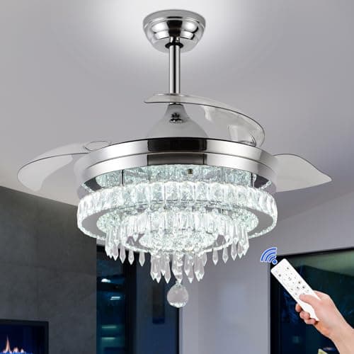 Image of Modern Crystal Chandelier Ceiling Fan with Light - 42 inch APP & Remote Control, Retractable Dimmable Fan Lamp, 6-Speed, Timer Memory Fan Light Ceiling for Bedroom Living Dining Room (3 Blades)