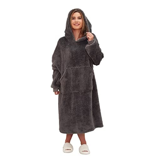Image of Brentfords Extra Long Blanket Hoodie, Mothers Day Gifts Soft Teddy Fleece Warm Cosy Oversized Hoodie Women Wearable Blanket Hooded Snoodie for Adult Teens Men Big Jumper, Charcoal Grey