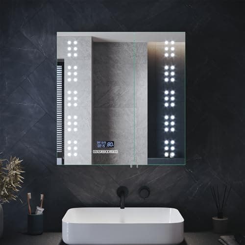 Image of ELEGANT Mirrored Bathroom Cabinets with Bluetooth Speaker Stainless Steel Bathroom Cabinet with Shaver Socket 630 x 650mm Led Mirror Cabinet with Dimmable Brightness and Demister Pad