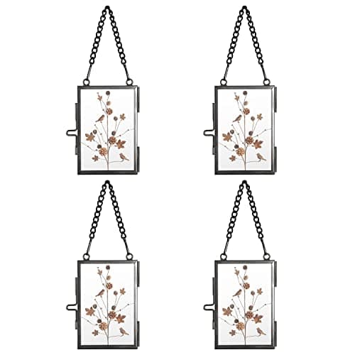 Image of SUMTree Set of 4 Black Glass Mini Hanging Photo Picture Display Frame, Floating Glass Picture Frame with Chain for Family Tree Mini Photo,Gallery Wall Art Work, Pressed Flower, etc, 2x3 inch