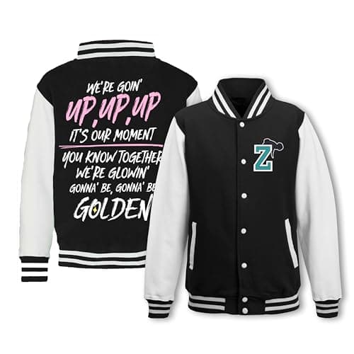 Image of K-POP Golden Lyrics Varsity Jacket, Black and White Baseball Style, Customizable Initial Design, Premium Quality Cotton Blend, Youth Fashion Streetwear (UK, Age, 4 Years, Regular, Zoey Jacket)