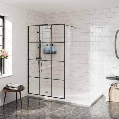 Image of Aquariss 1200mm Walkin Shower Enclosure 8mm Easy Clean Black Grid Glass Shower Screen Panel - Matte Black Framed