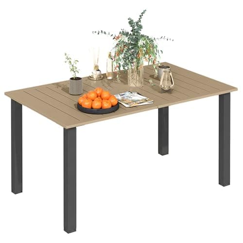 Image of Outsunny Garden Dining Table for 6 Person with Parasol Hole, Rectangle Outdoor Garden Table with Slatted Metal Tabletop, Steel Frame for Patio, Balcony, 150 x 90 x 73 cm, Brown