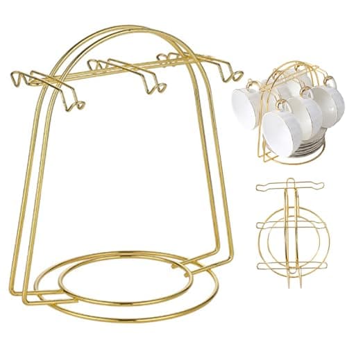 Image of Veesper Cup and Saucer Display Stand Hold 6 Cups, Tea Cup Display Stand, Gold Metal Coffee Mug Organizer Wirth Handle, Space-Saving Mug Holder for Kitchen.