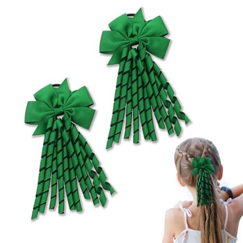 Image of Dalababa 2 Pcs Hair Bow Spiral Streamers, Kids Hair Bobbles Ties Bands, Curly Ribbons Ponytail Holder Accessories for Girls Toddler School Uniform Birthday Gift - Green