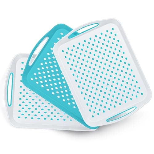 Image of Essen 3-Pack Serving Tray Set – Non-Slip Lap Boards with Grip Handles, Ideal for Food Prep, Tea, Breakfast in Bed – Plastic Tray for Stable Dining – Dishwasher Safe (Blue/White)