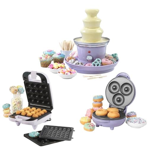 Image of Giles & Posner COMBO-8145 Pastel Treat Set - Snack Maker Set With 3-in-1 Mini Treat Maker, Electric 3-Tier Chocolate Fountain & Doughnut Maker, Non-Stick Plates, Partys Treats, Easy Clean, Purple