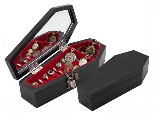 Image of ValueWay Coffin Jewelry Box With Mirror, Gothic Wooden Coffin Jewelry Box Organizer, Plush Lined Unique Ring Box For Alternative Decor, Halloween Aesthetic Gifts Gothic Jewelry Box for Women