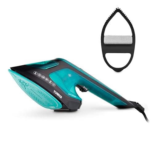 Image of Tower T22031TL 2-in-1 Hand Garment Steamer with Iron Feature, Digital LED Display, One Temperature Technology, Double Soleplate, 25 Second Heat-up, Black and Teal