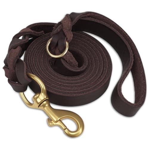 Image of Joytale Leather Dog Lead, Genuine Cowhide with Brass Hook, Heavy Duty Leather Leads for Large Medium Dogs（Brown, 150cm×2cm）