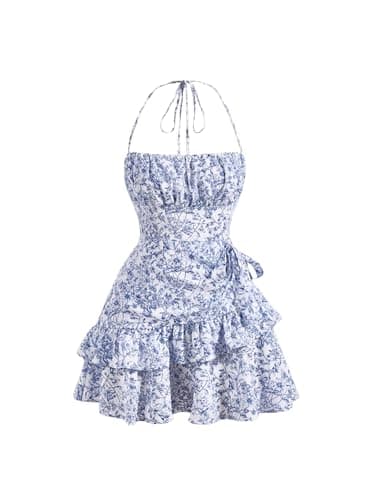 Image of GORGLITTER Women's Floral Print Halter Neck Ruffle Mini Dress Sleeveless Flowy Beach Vacation Cami Dresses Blue and White M
