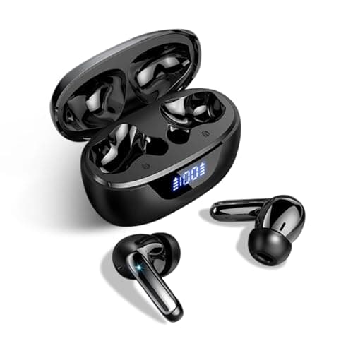 Image of PWTEK Wireless Earbuds, Bluetooth 5.3 Headphones– Deep Bass & Clear Calls with Noise Cancelling Mic, 48Hours LED Display, IPX7 Waterproof,Fit In-Ear Headphones for Commute & Daily Use – Black