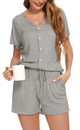 Image of Vlazom Women Pyjamas Set, Button Down Pj's Sets Soft Lounge Sets Chic 2 Piece Top and Shorts for Loungewear Sleepwear, Light Grey, M
